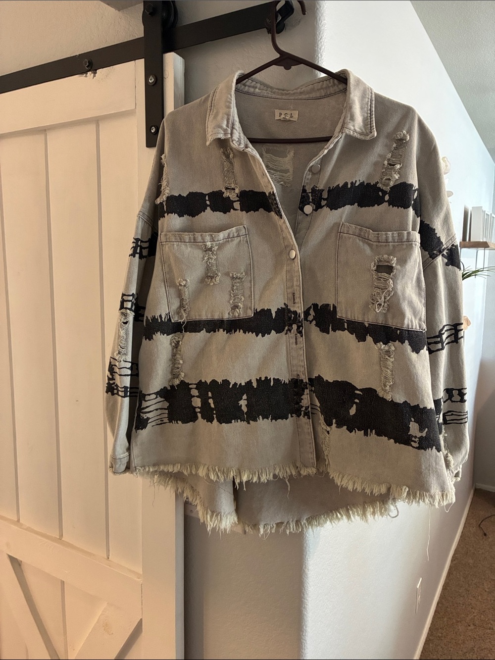 NWOT !!! POL Gray Denim Jacket with Black Stripe Print